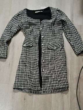Black and White Tweed Button-Front Dress